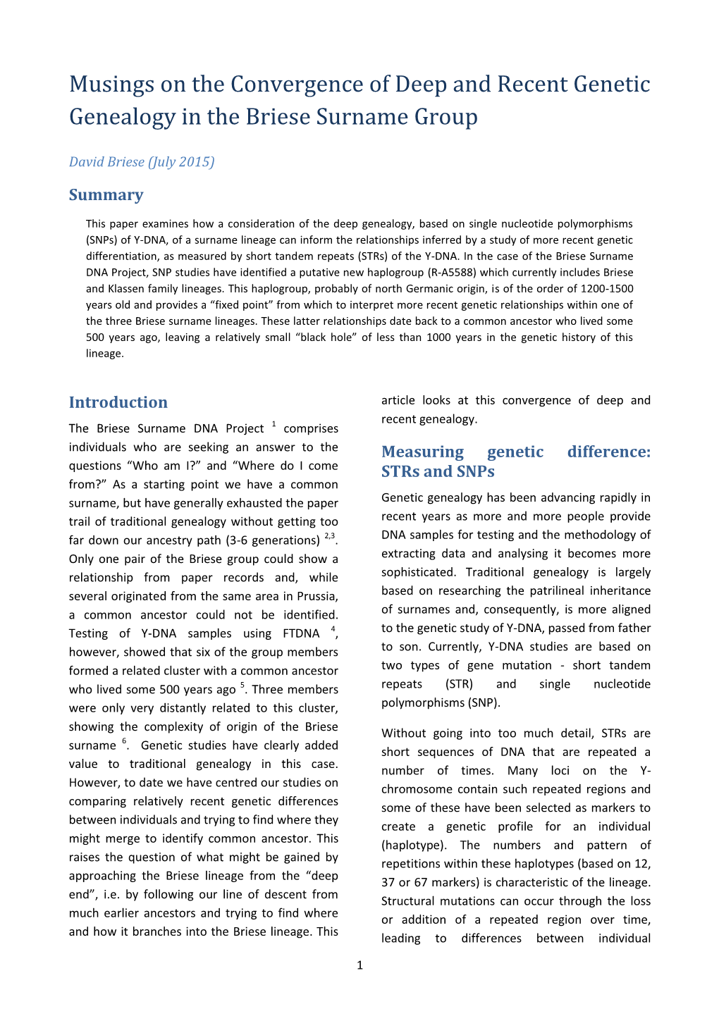 Musings on the Convergence of Deep and Recent Genetic Genealogy in the Briese Surname Group