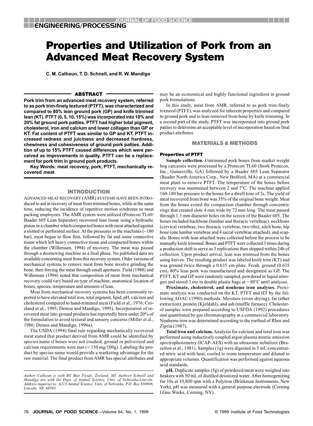 Properties and Utilization of Pork from an Advanced Meat Recovery System