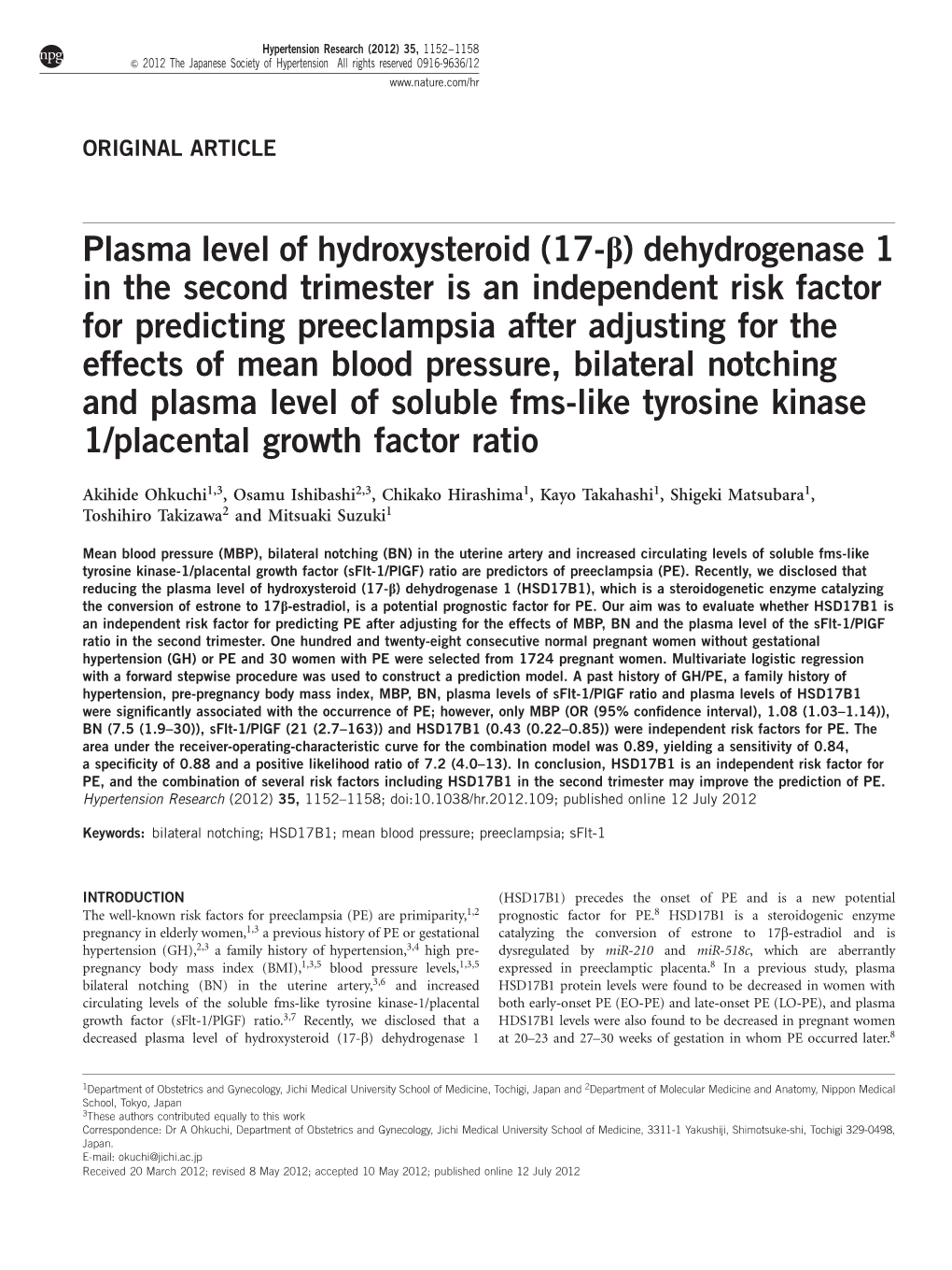 Plasma Level of Hydroxysteroid