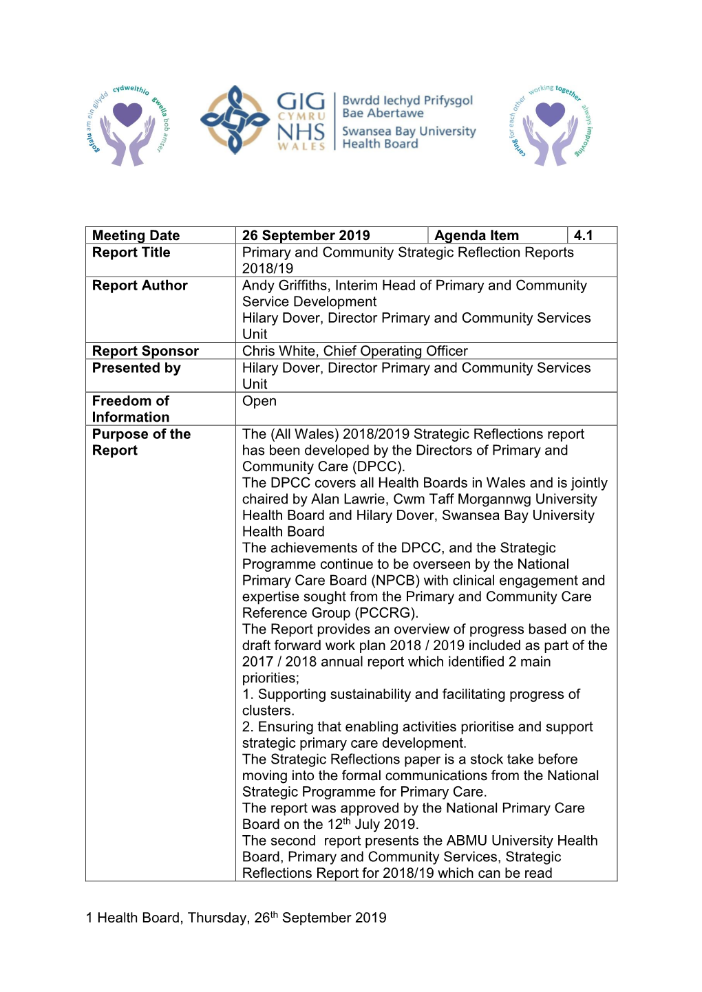 1 Health Board, Thursday, 26Th September 2019 Meeting Date 26