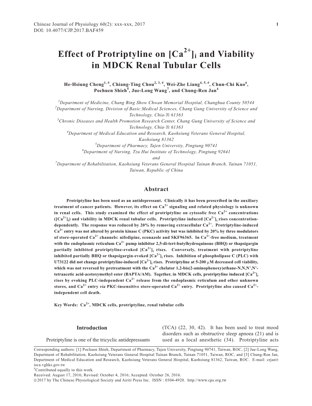 Effect of Protriptyline on [Ca ]I and Viability in MDCK Renal Tubular Cells