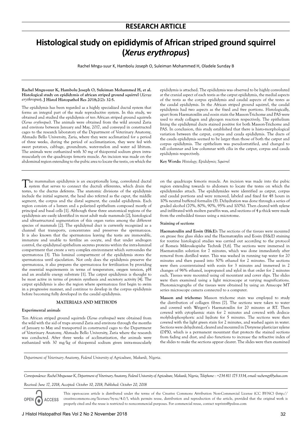 Histological Study on Epididymis of African Striped Ground Squirrel (Xerus Erythropus)