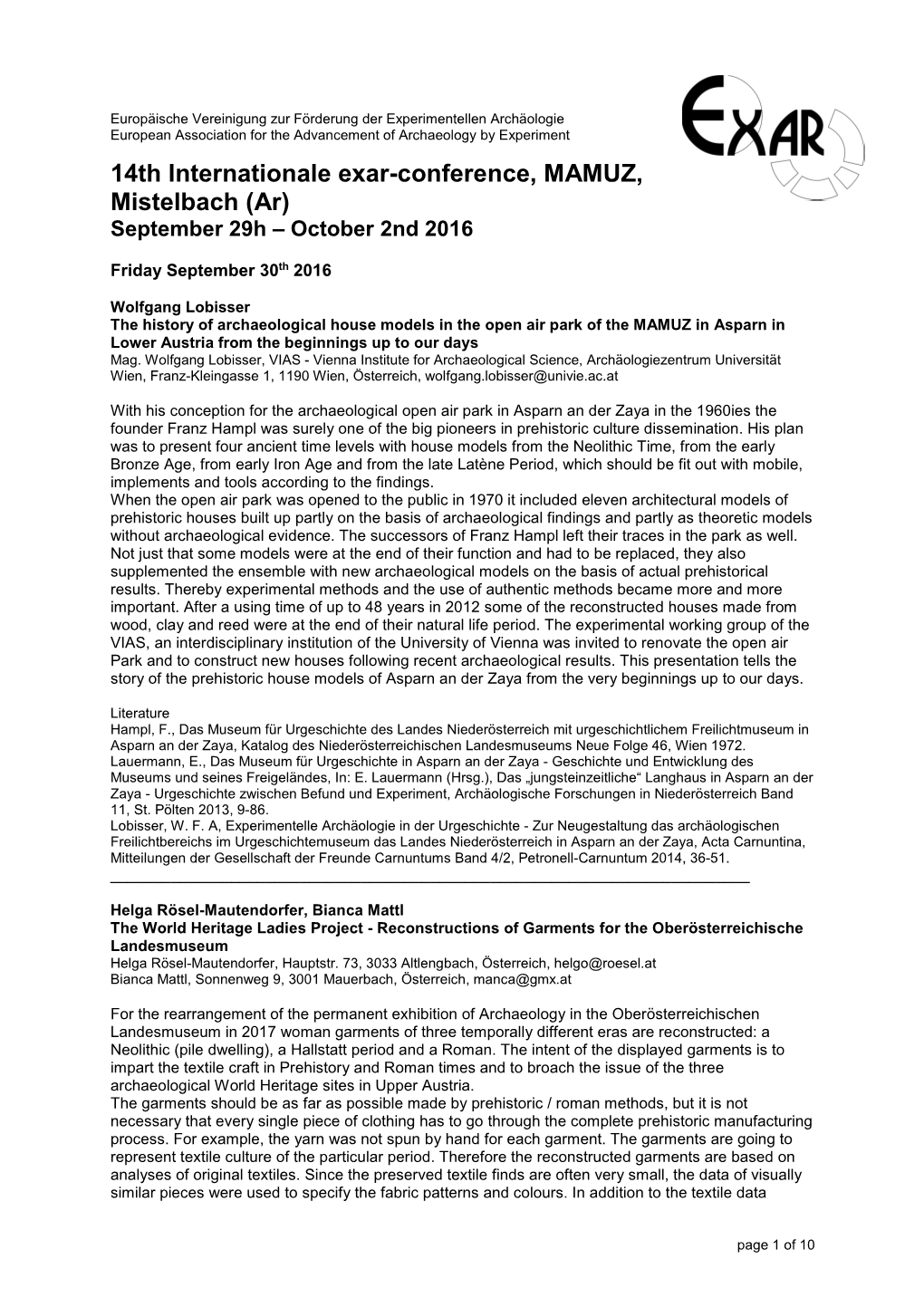 14Th Internationale Exar-Conference, MAMUZ, Mistelbach (Ar) September 29H – October 2Nd 2016