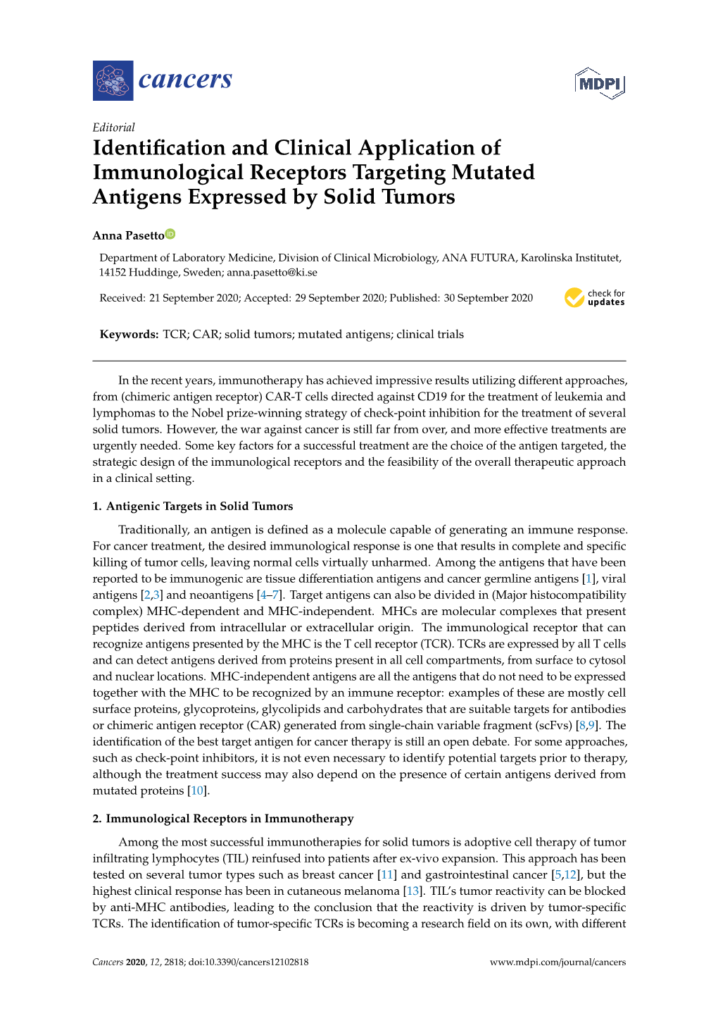 Identification and Clinical Application of Immunological Receptors Targeting Mutated Antigens Expressed by Solid Tumors