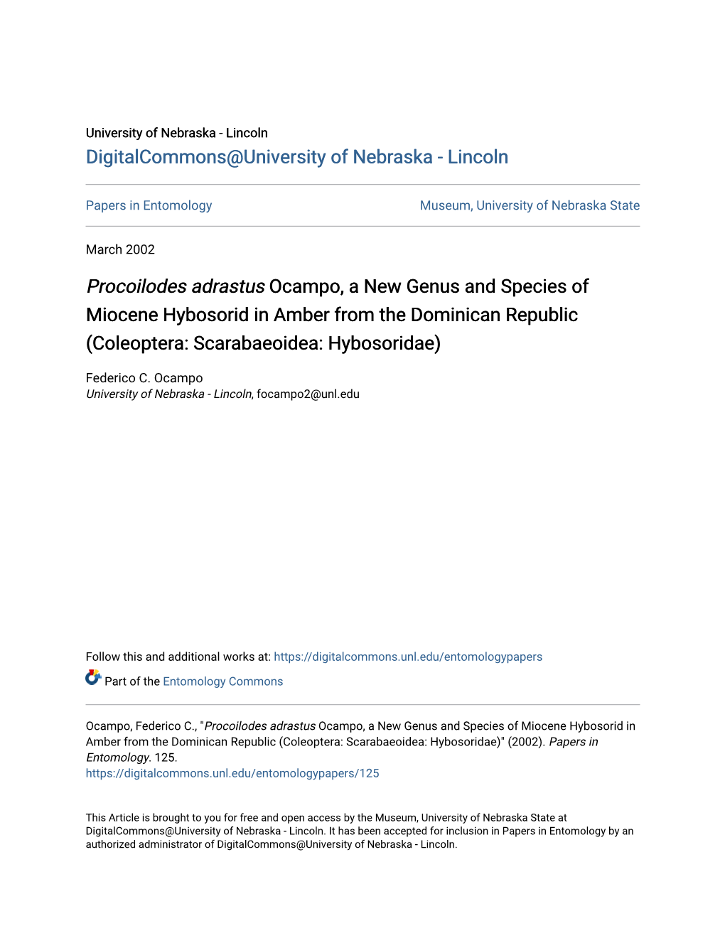 Procoilodes Adrastus Ocampo, a New Genus and Species of Miocene Hybosorid in Amber from the Dominican Republic (Coleoptera: Scarabaeoidea: Hybosoridae)