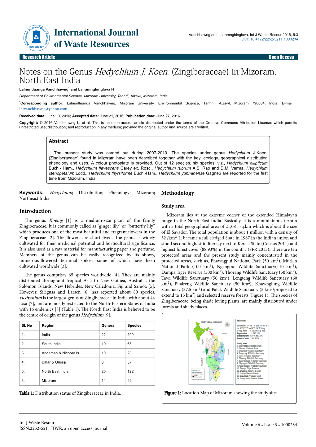 Notes on the Genus Hedychium J. Koen. (Zingiberaceae) in Mizoram, North East India
