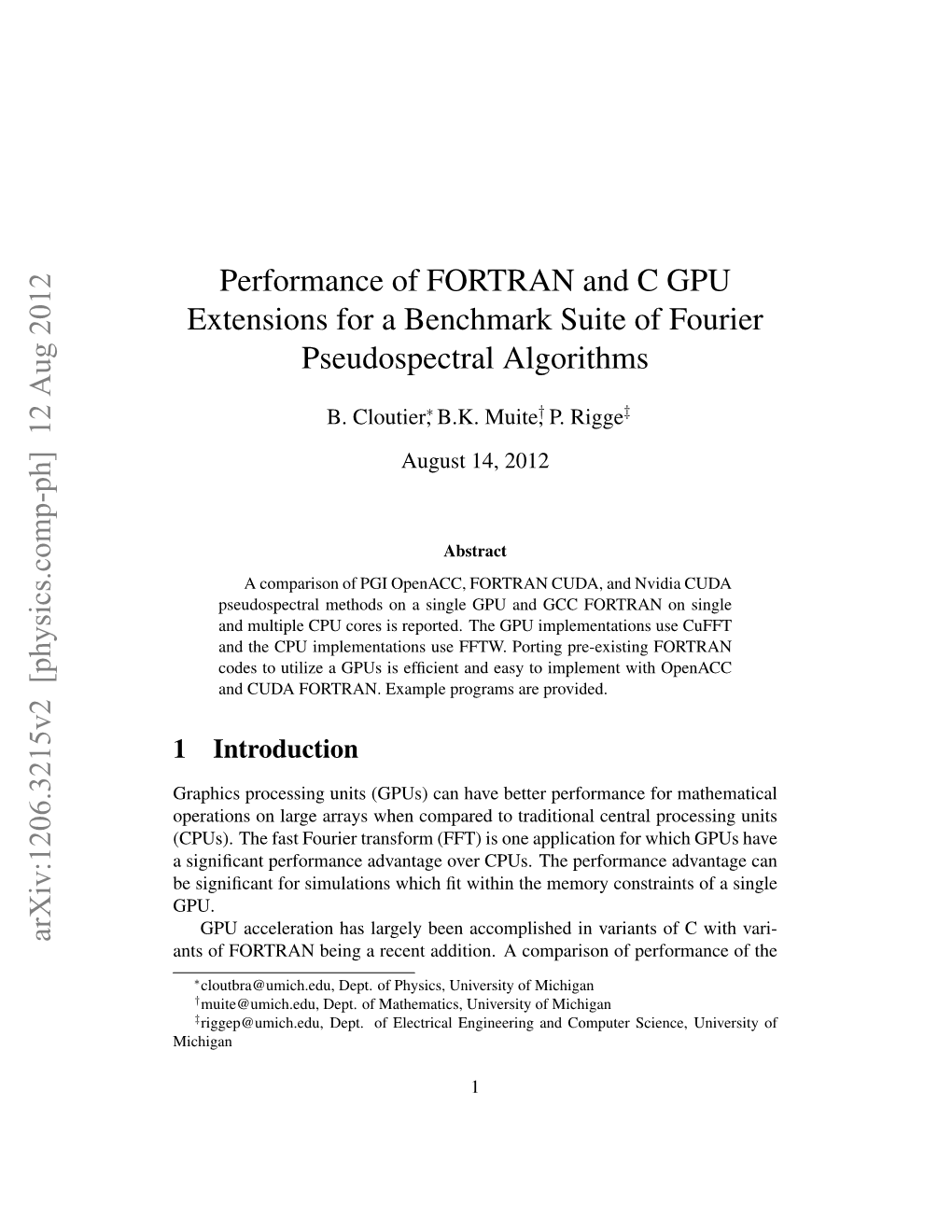 Performance of FORTRAN and C GPU Extensions for a Benchmark Suite of Fourier Pseudospectral Algorithms Arxiv:1206.3215V2 [Physi