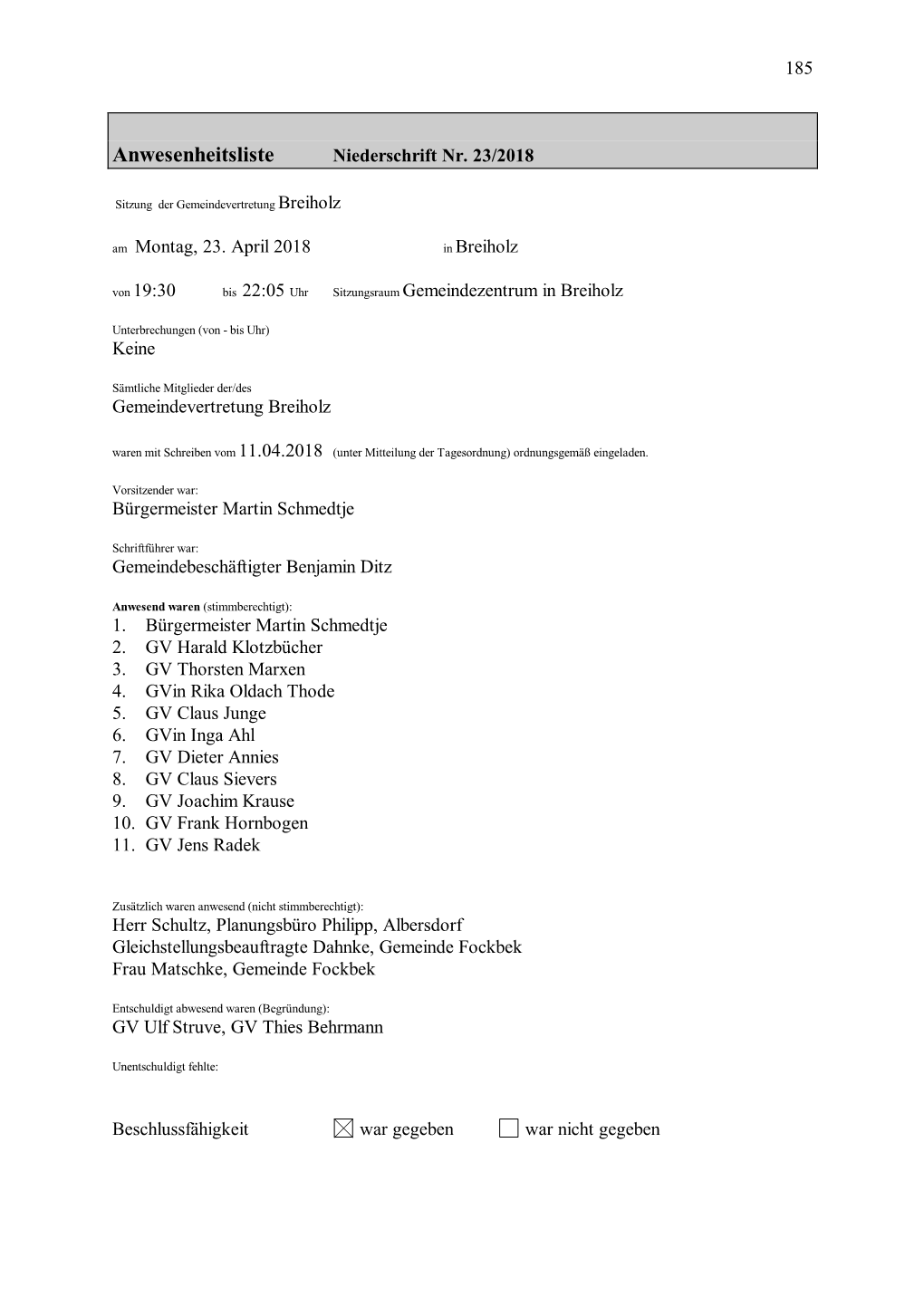 Anwesenheitsliste Niederschrift Nr