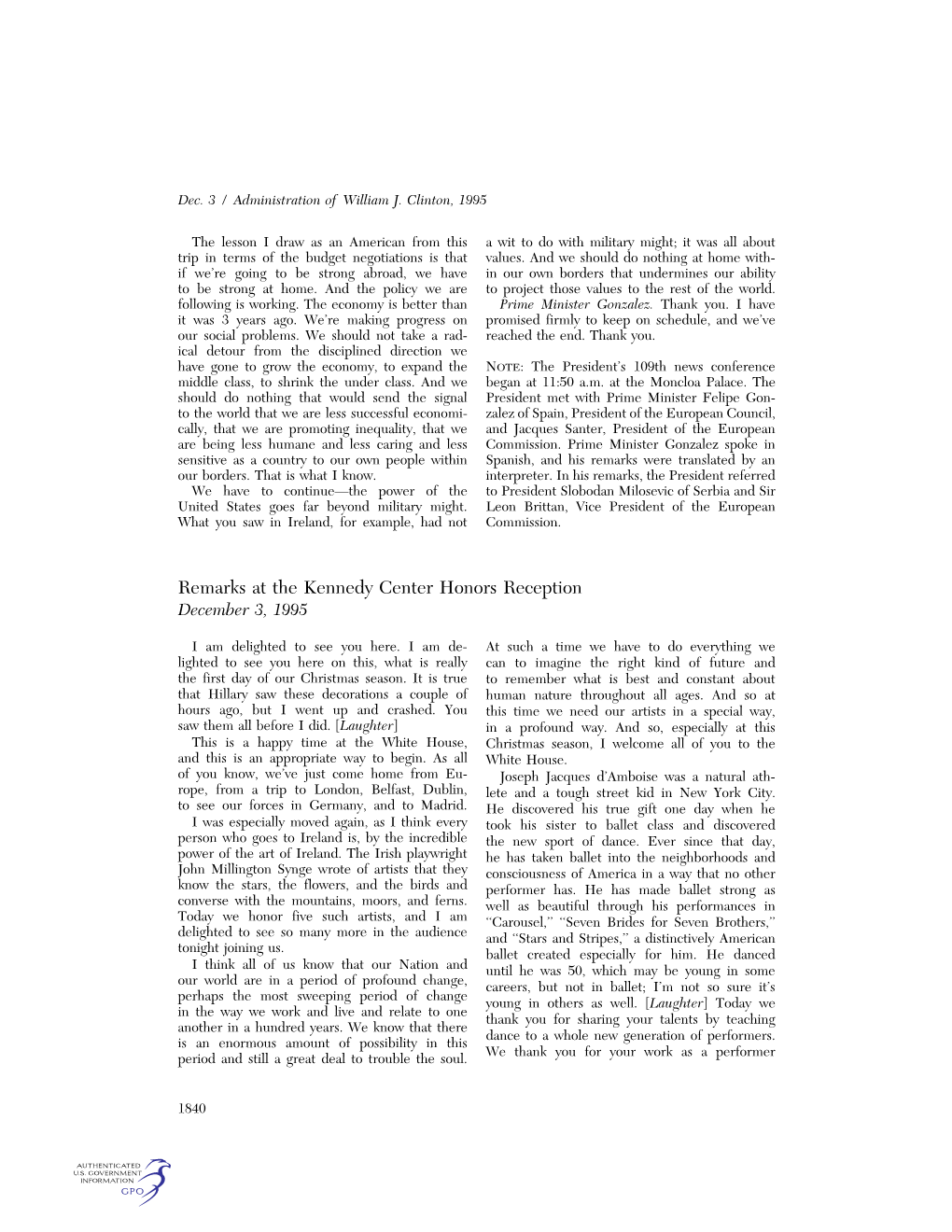 Remarks at the Kennedy Center Honors Reception December 3, 1995