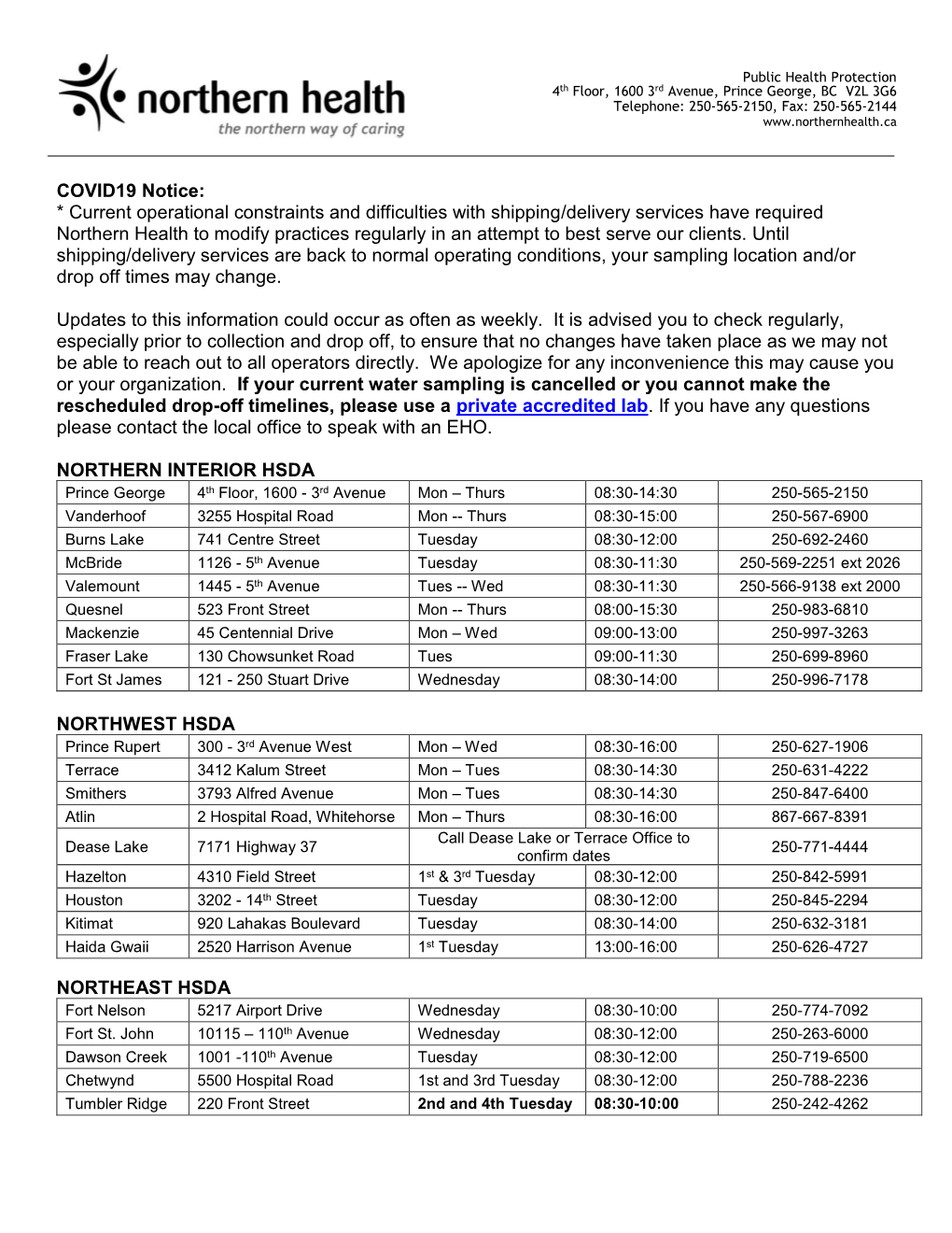 Water Sampling Drop-Off Locations and Times