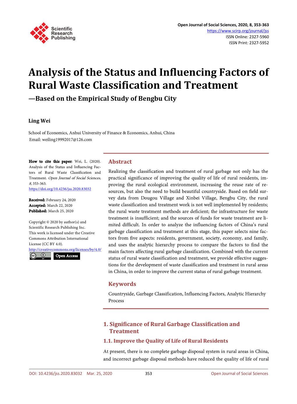 Analysis of the Status and Influencing Factors of Rural Waste Classification and Treatment —Based on the Empirical Study of Bengbu City