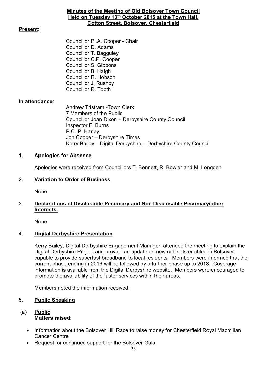 Minutes of the Meeting of Old Bolsover Town Council Held on Tuesday 13Th October 2015 at the Town Hall, Cotton Street, Bolsover, Chesterfield Present
