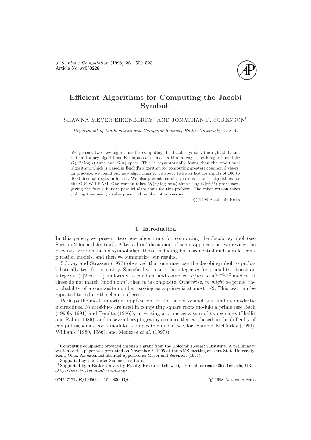 Efficient Algorithms for Computing the Jacobi Symbol