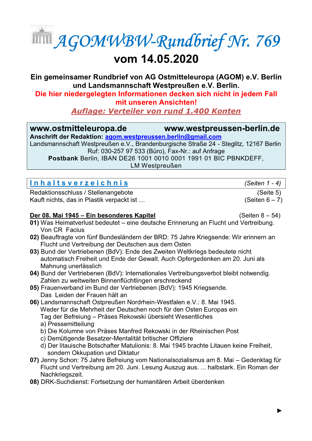 AGOMWBW-Rundbrief Nr. 769 Vom 14.05.2020