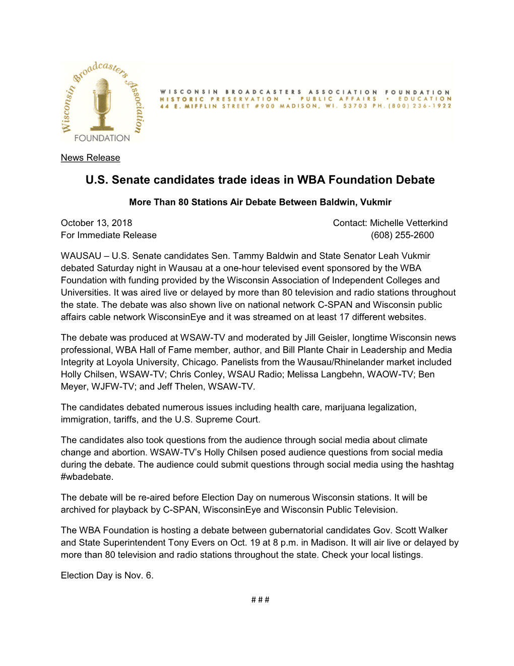 U.S. Senate Candidates Trade Ideas in WBA Foundation Debate