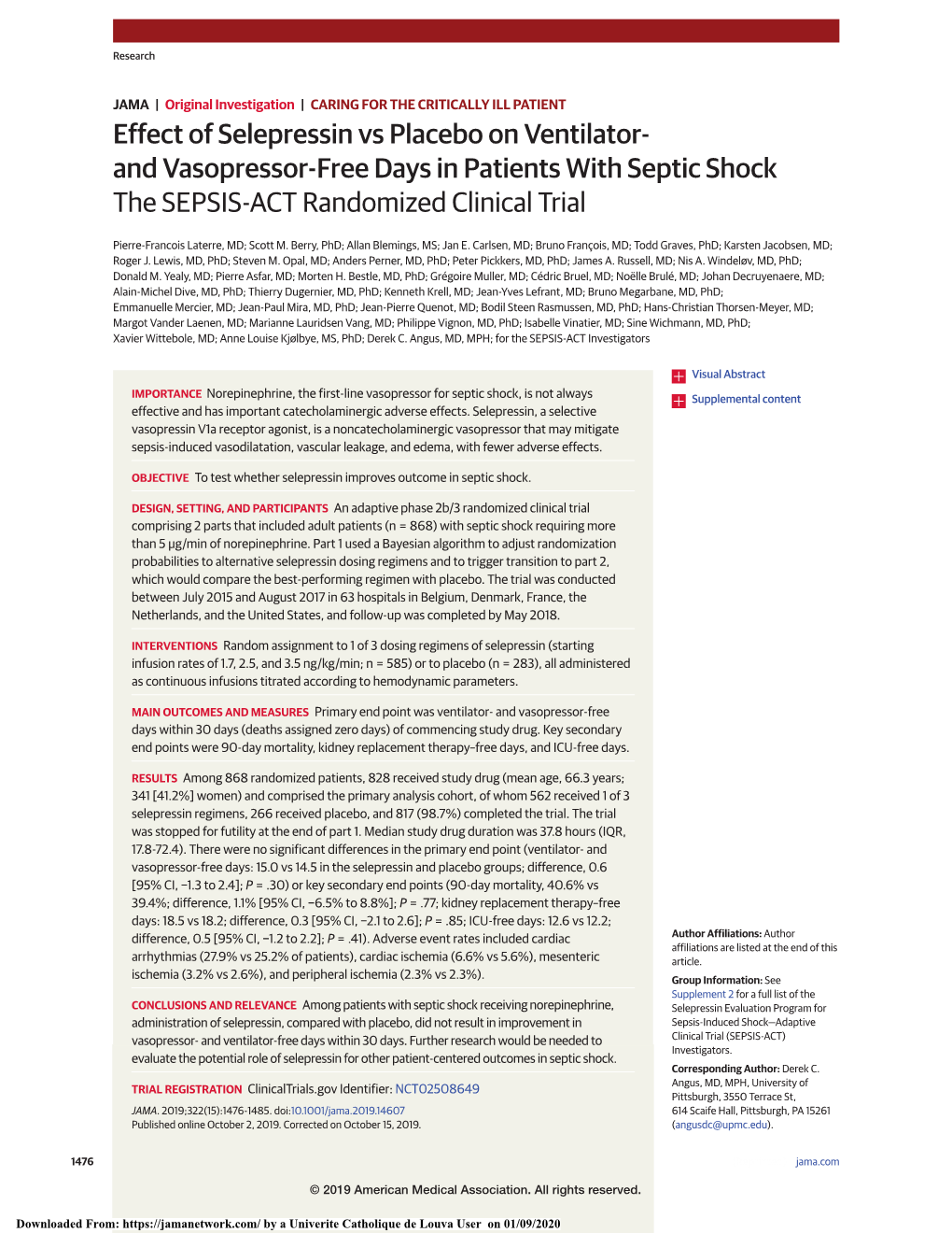 And Vasopressor-Free Days in Patients with Septic Shock the SEPSIS-ACT Randomized Clinical Trial