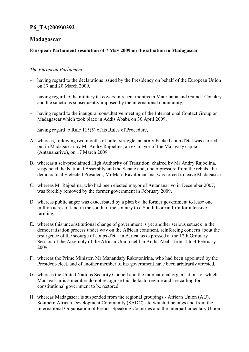 P6 TA(2009)0392 Madagascar