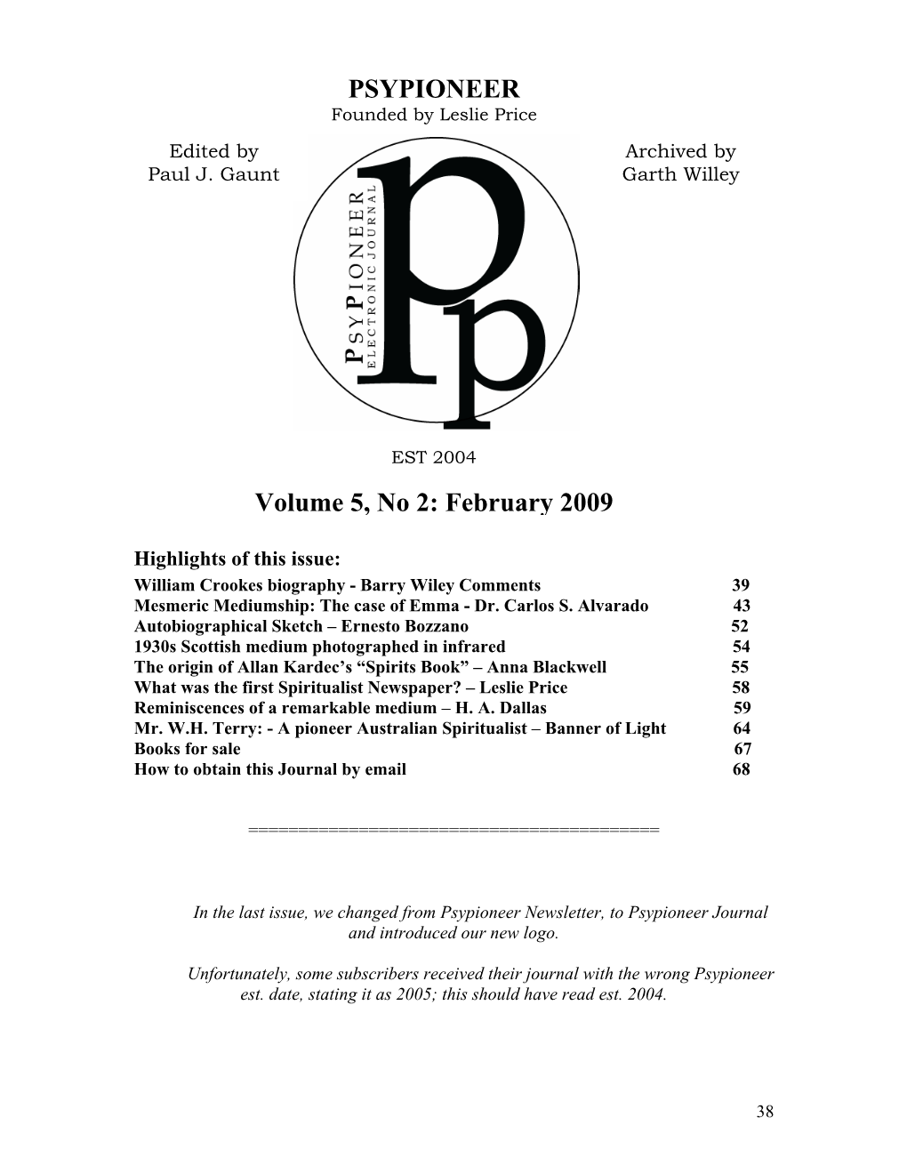 PSYPIONEER Volume 5, No 2: February 2009