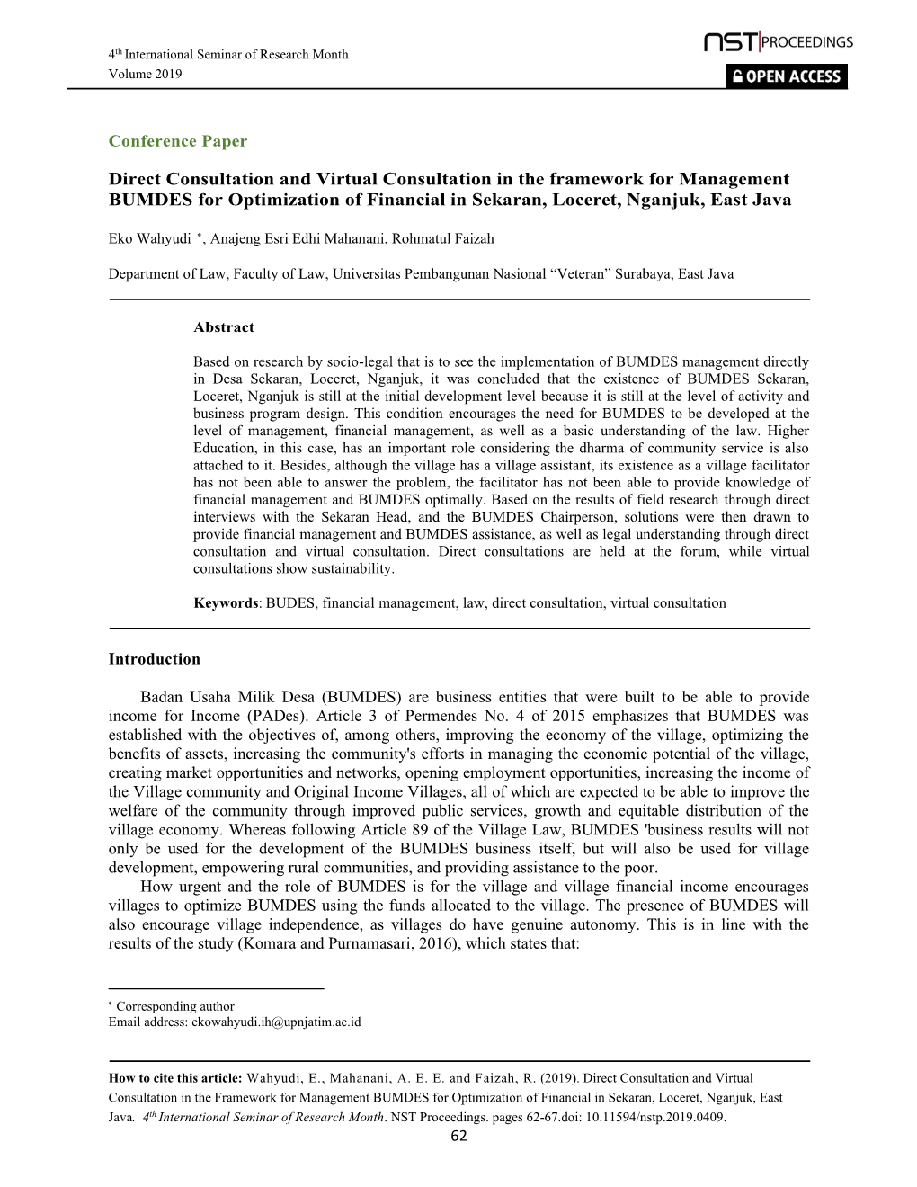 Direct Consultation and Virtual Consultation in the Framework for Management BUMDES for Optimization of Financial in Sekaran, Loceret, Nganjuk, East Java