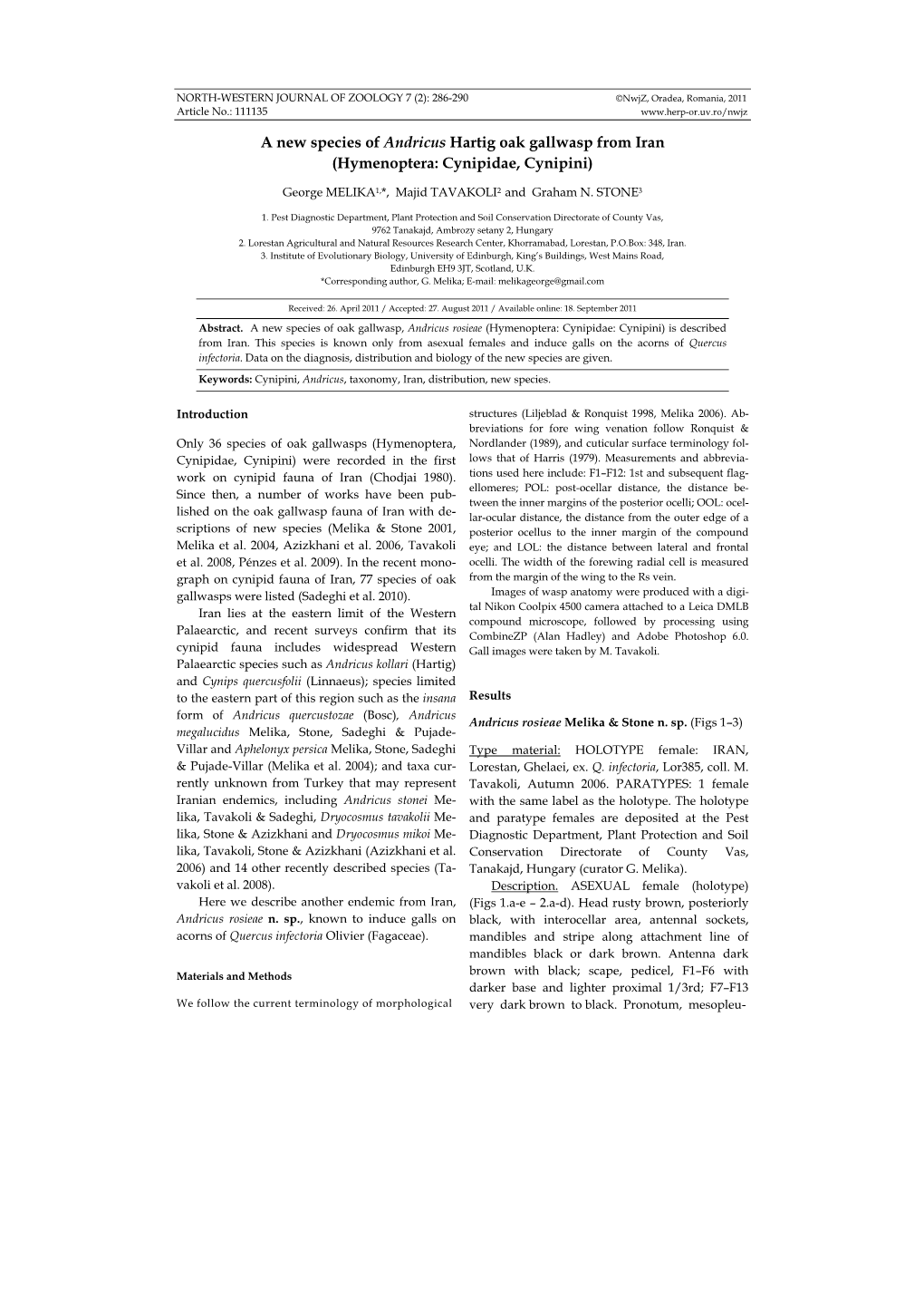 A New Species of Andricus Hartig Oak Gallwasp from Iran (Hymenoptera: Cynipidae, Cynipini)