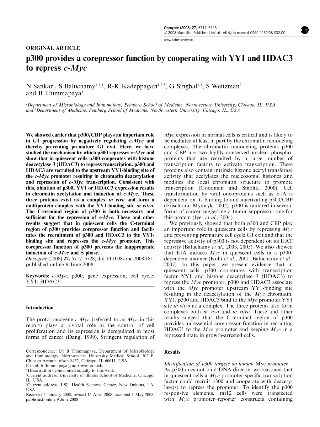 P300 Provides a Corepressor Function by Cooperating with YY1 and HDAC3 to Repress C-Myc