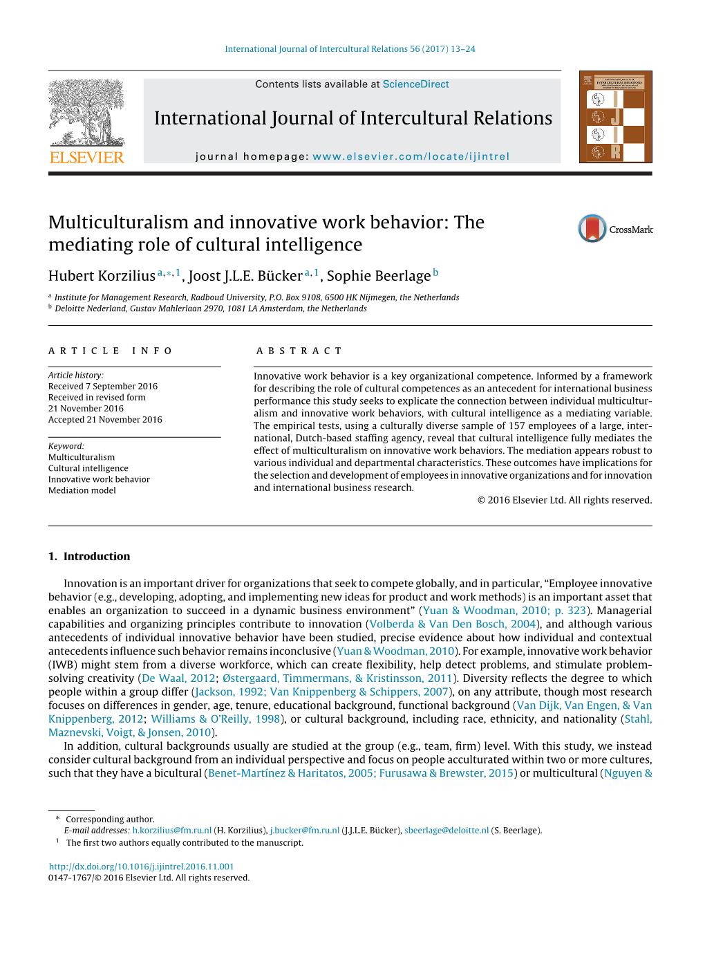 Multiculturalism and Innovative Work Behavior: the Mediating Role of Cultural Intelligence