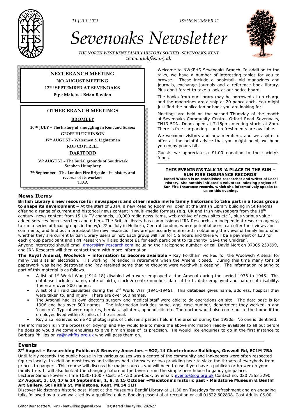 Sevenoaks Newsletter the NORTH WEST KENT FAMILY HISTORY SOCIETY, SEVENOAKS, KENT