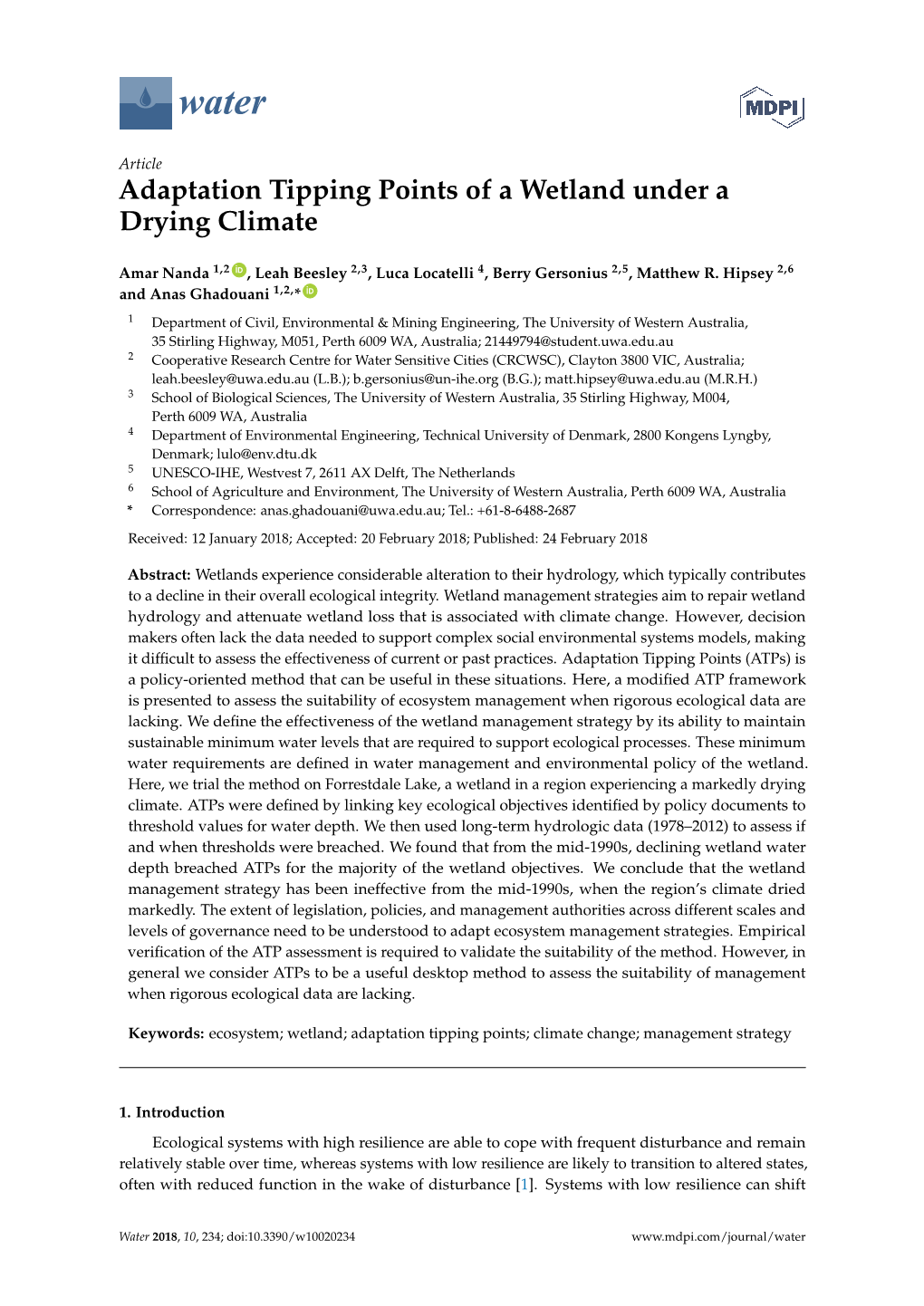 Adaptation Tipping Points of a Wetland Under a Drying Climate