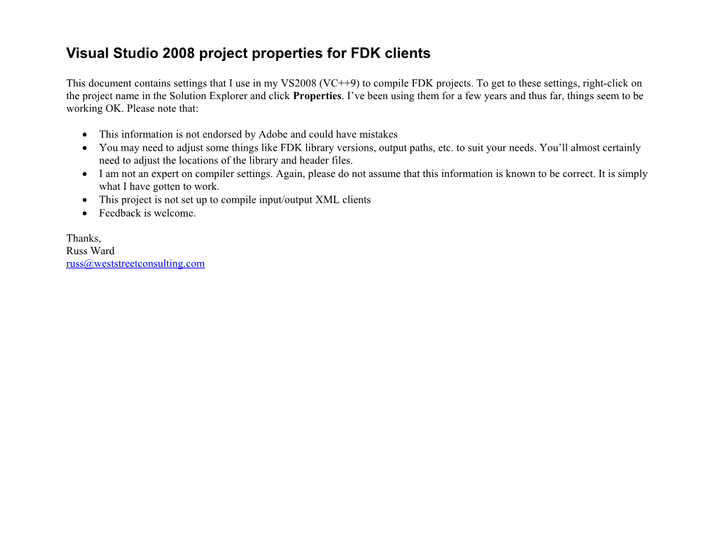 Visual Studio 2008 Project Properties for FDK Clients