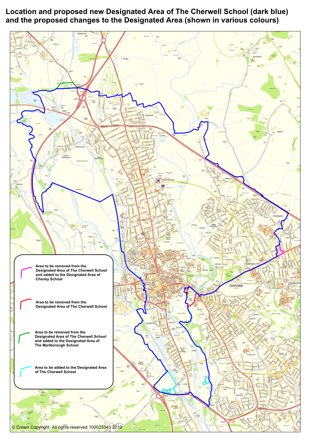 The Cherwell School (Dark Blue) and the Proposed Changes to the Designated Area (Shown in Various Colours)