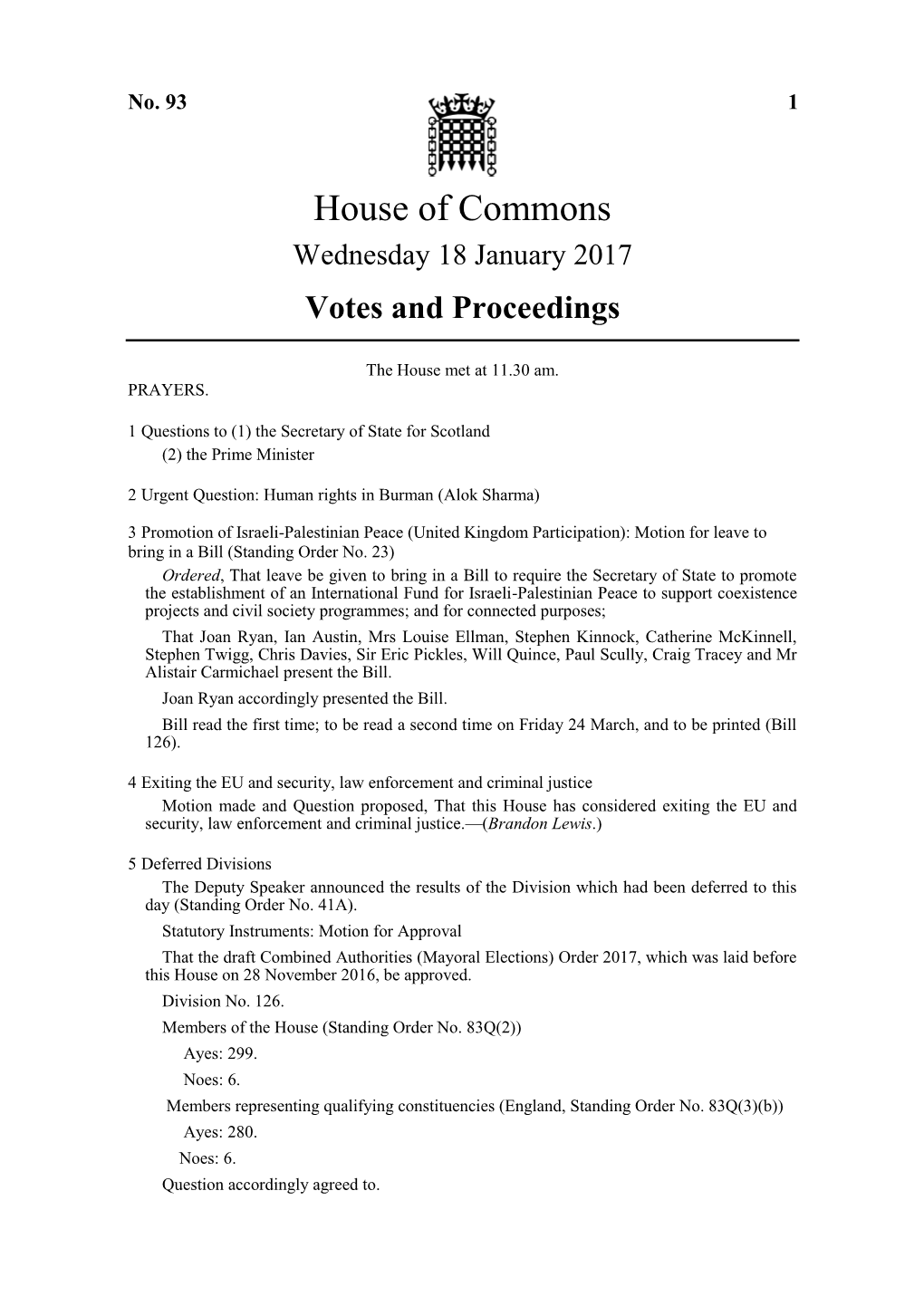 House of Commons Wednesday 18 January 2017 Votes and Proceedings