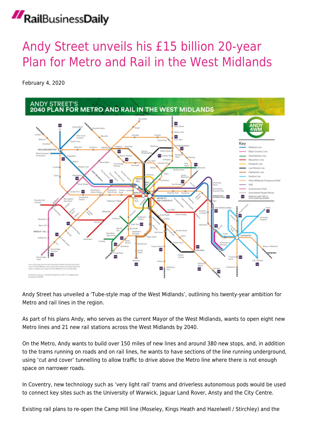 Andy Street Unveils His £15 Billion 20-Year Plan for Metro and Rail in the West Midlands