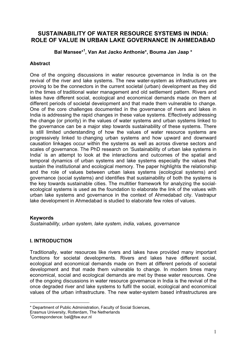 Sustainability of Water Resource Systems in India: Role of Value in Urban Lake Governance in Ahmedabad