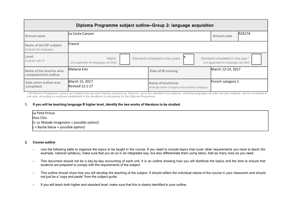 Diploma Programme Subject Outline—Group 2: Language Acquisition La Costa Canyon 924174 School Name School Code