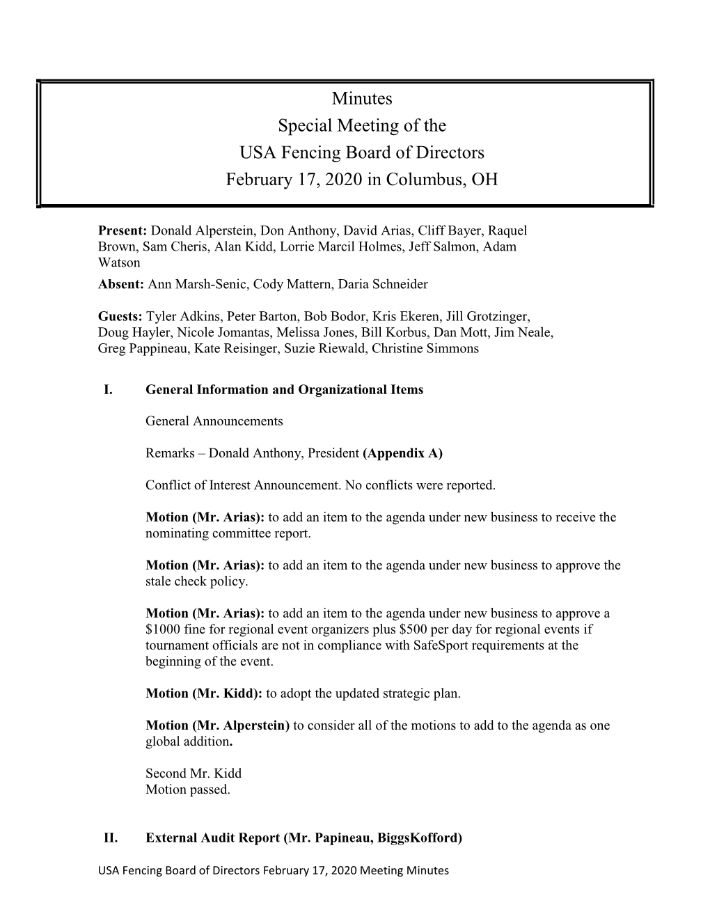 Minutes Special Meeting of the USA Fencing Board of Directors February 17, 2020 in Columbus, OH
