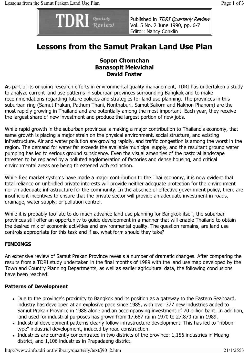 Lessons from the Samut Prakan Land Use Plan Page 1 of 3