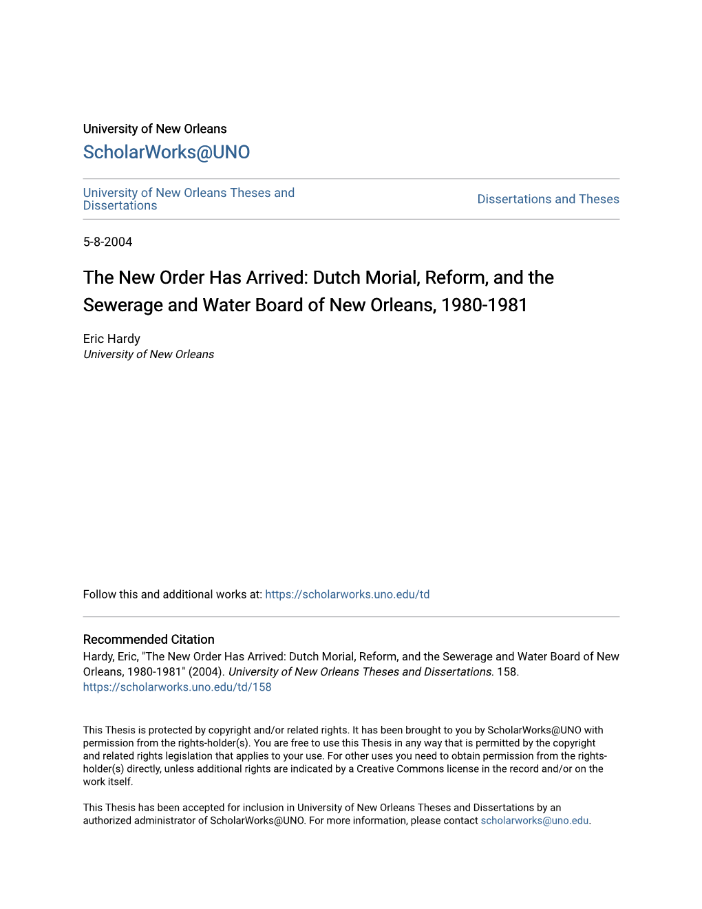 Dutch Morial, Reform, and the Sewerage and Water Board of New Orleans, 1980-1981