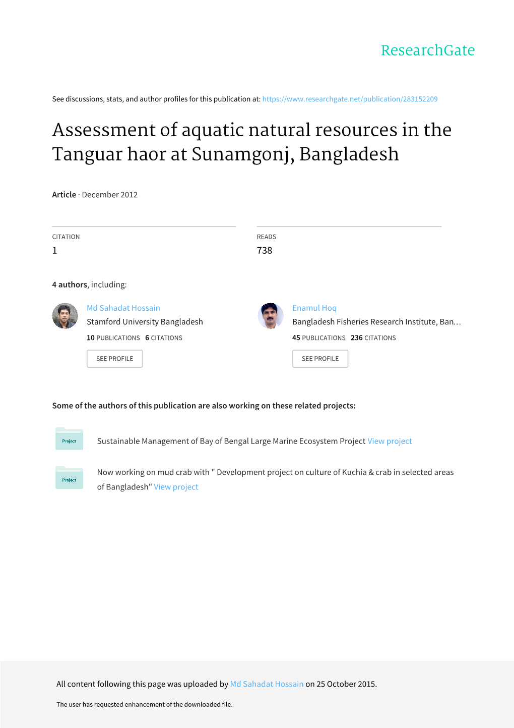 Assessment of Aquatic Natural Resources in the Tanguar Haor at Sunamgonj, Bangladesh