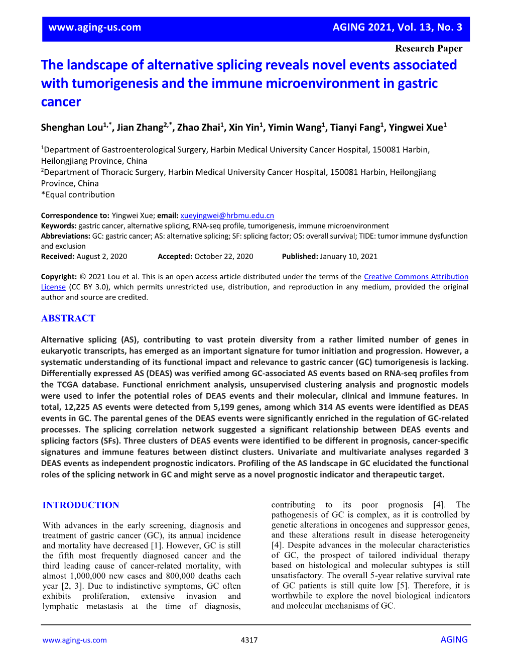 The Landscape of Alternative Splicing Reveals Novel Events Associated with Tumorigenesis and the Immune Microenvironment in Gastric Cancer