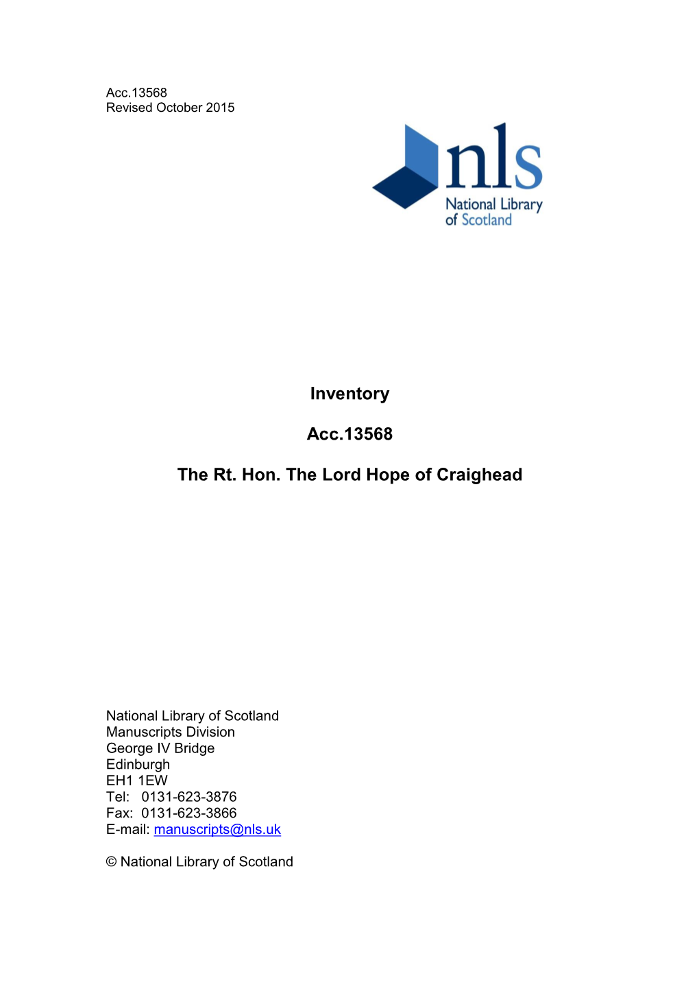 Inventory Acc.13568 the Rt. Hon. the Lord Hope of Craighead