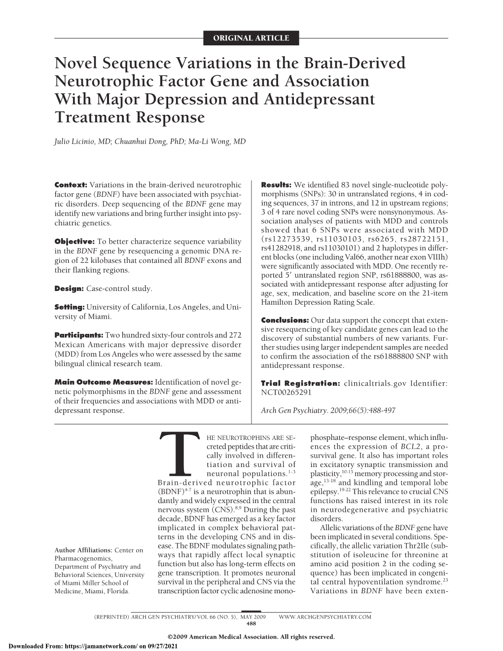 Novel Sequence Variations in the Brain-Derived Neurotrophic Factor Gene and Association with Major Depression and Antidepressant Treatment Response