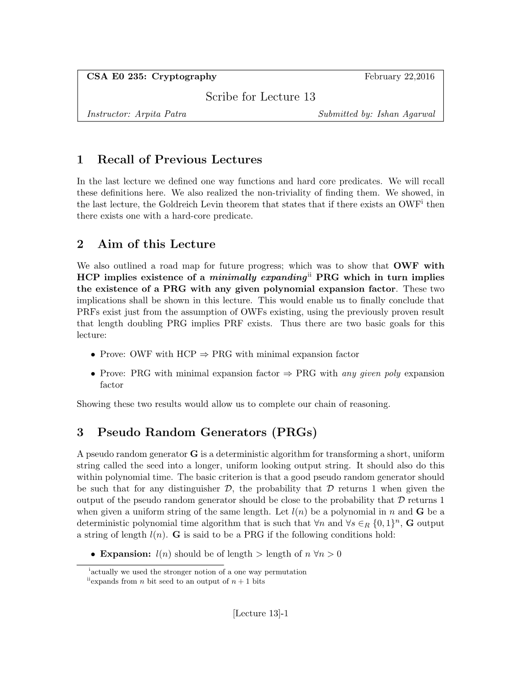 Scribe for Lecture 13 1 Recall of Previous Lectures 2 Aim of This