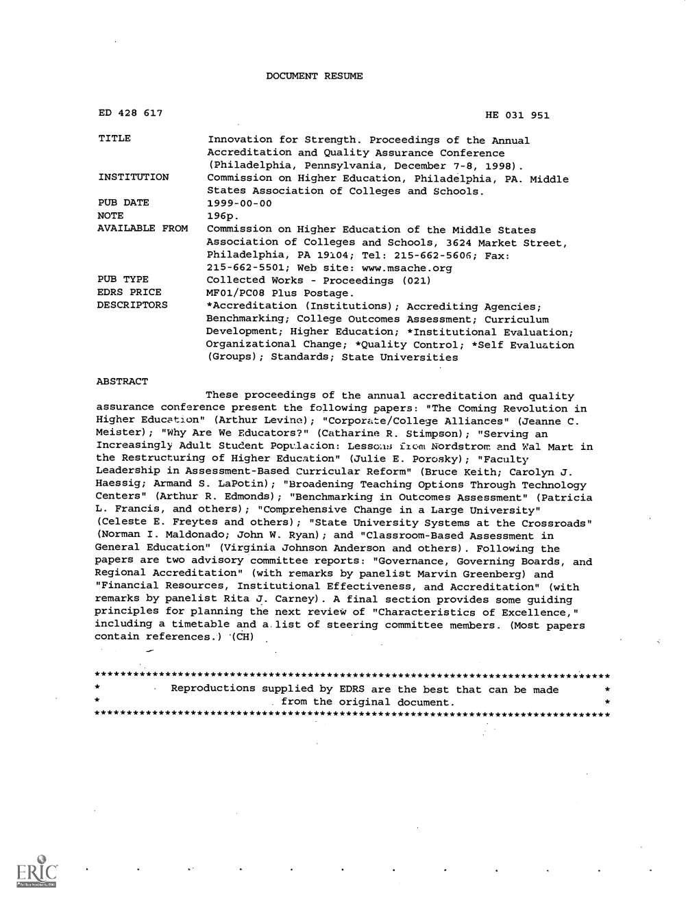 DOCUMENT RESUME ED 428 617 HE 031 951 TITLE Innovation For