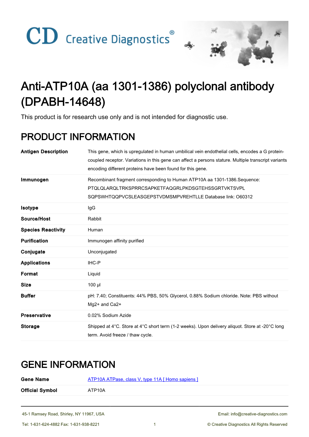 Anti-ATP10A (Aa 1301-1386) Polyclonal Antibody (DPABH-14648) This Product Is for Research Use Only and Is Not Intended for Diagnostic Use