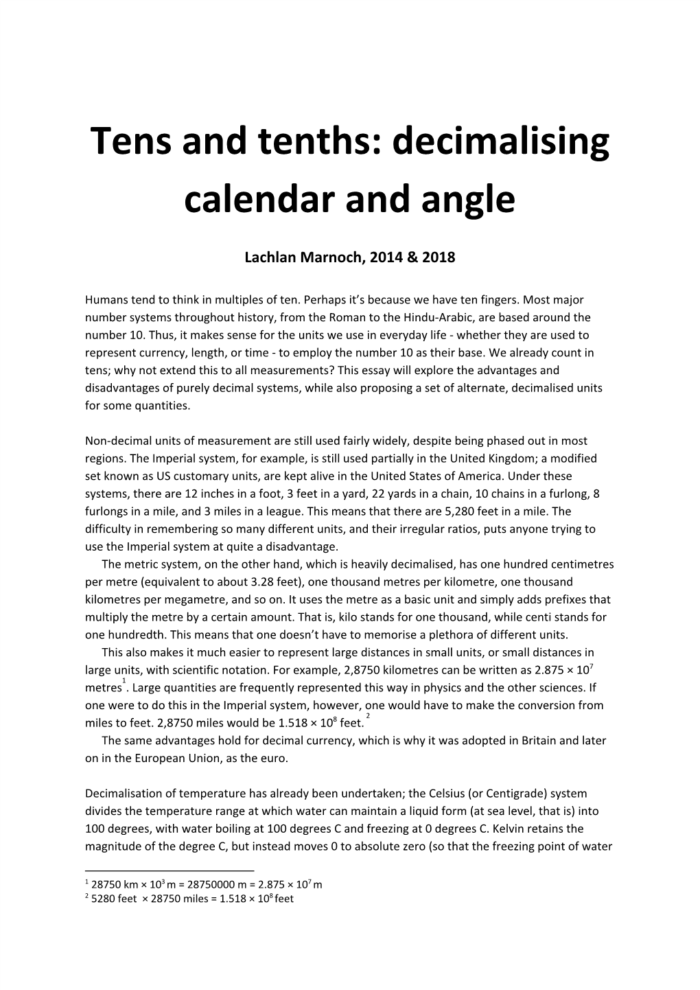 Tens and Tenths: Decimalising Calendar and Angle