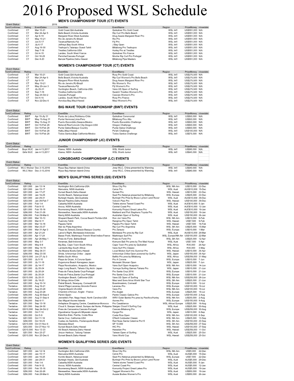 2016 Proposed WSL Schedule