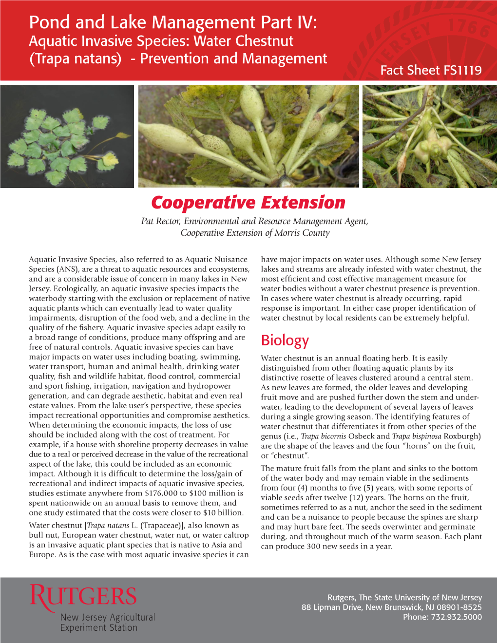 Pond and Lake Management Part IV: Aquatic Invasive Species: Water Chestnut (Trapa Natans) - Prevention and Management Fact Sheet FS1119