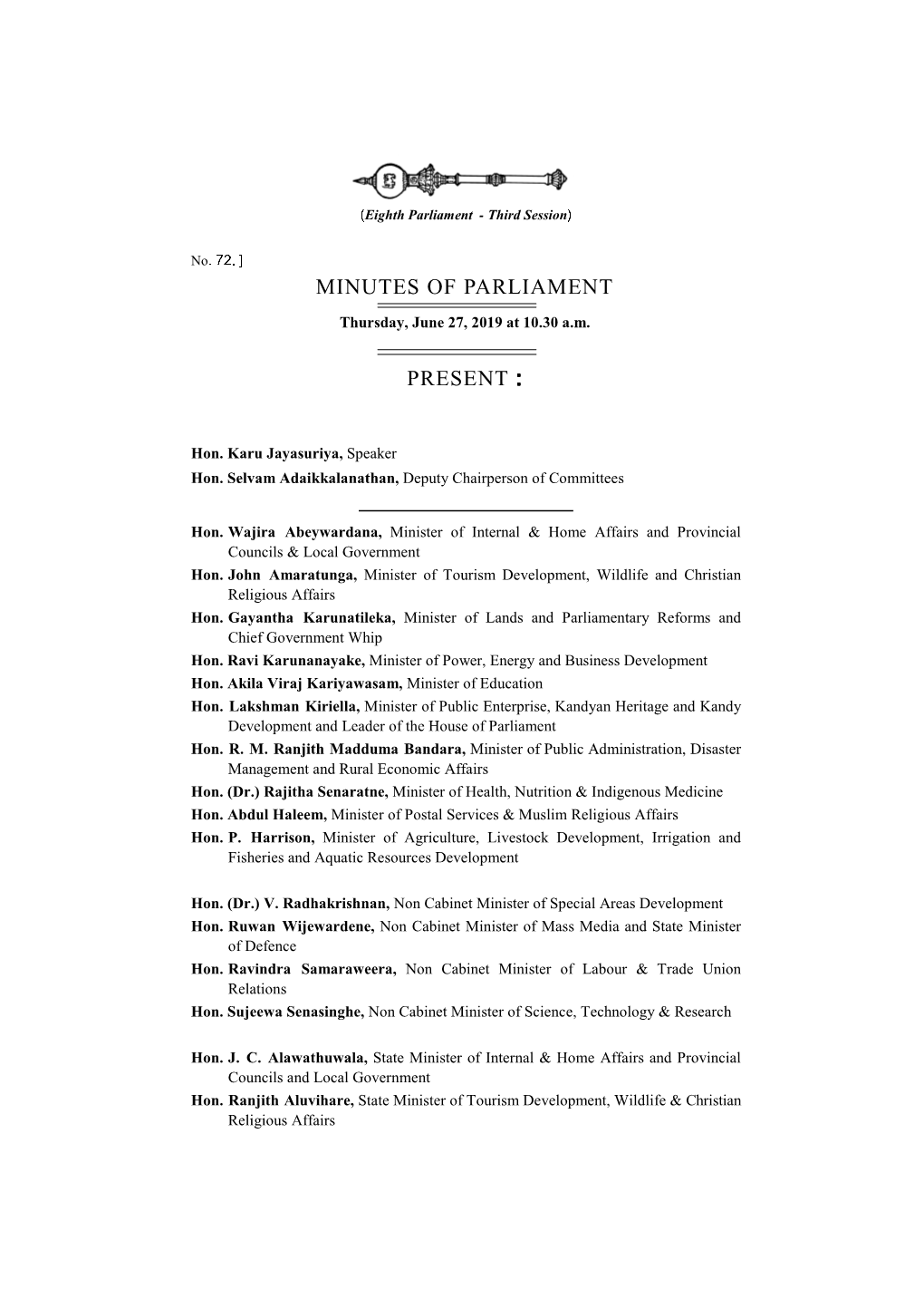 Minutes of Parliament for 27.06.2019