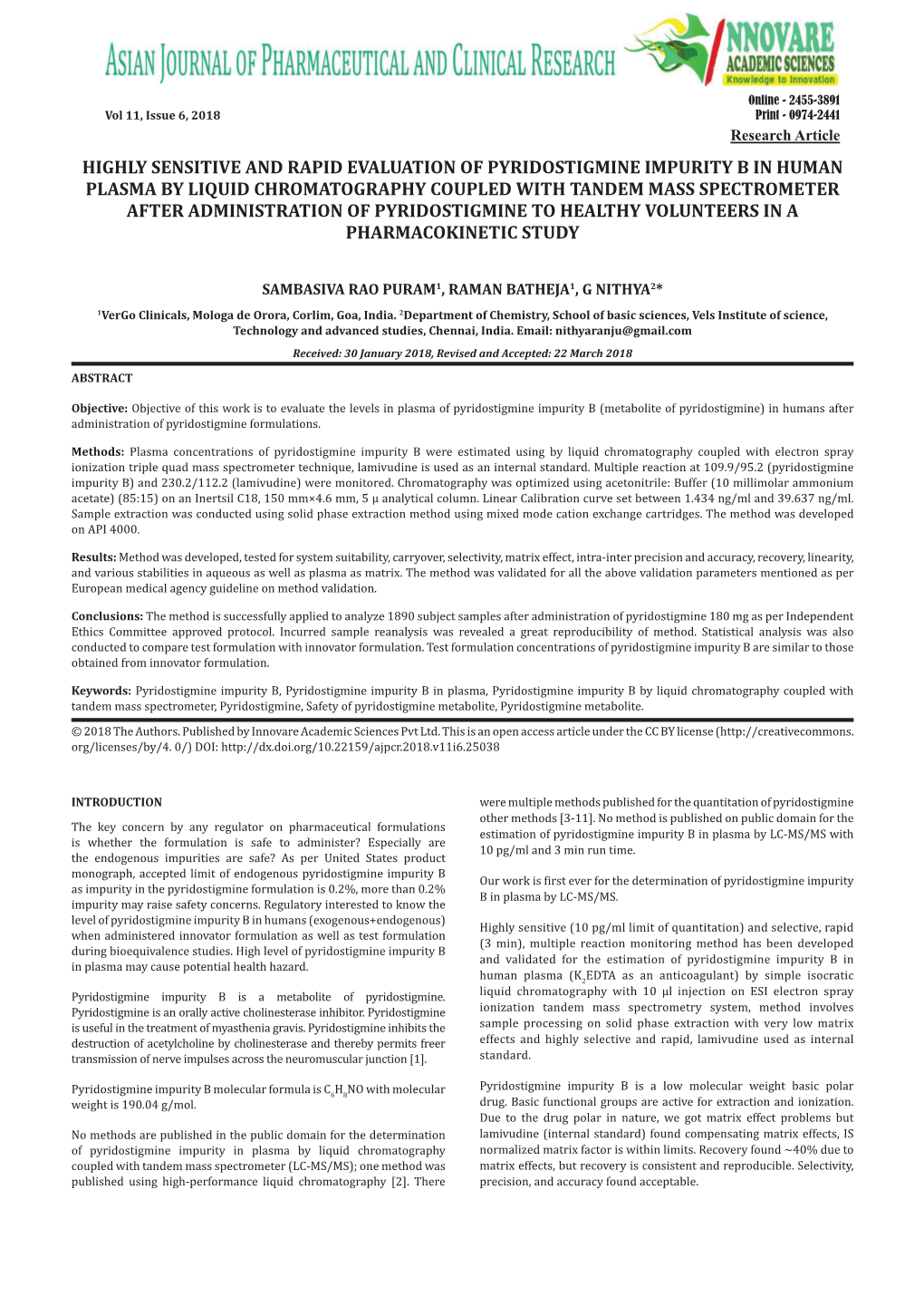 Highly Sensitive and Rapid Evaluation of Pyridostigmine Impurity B in Human