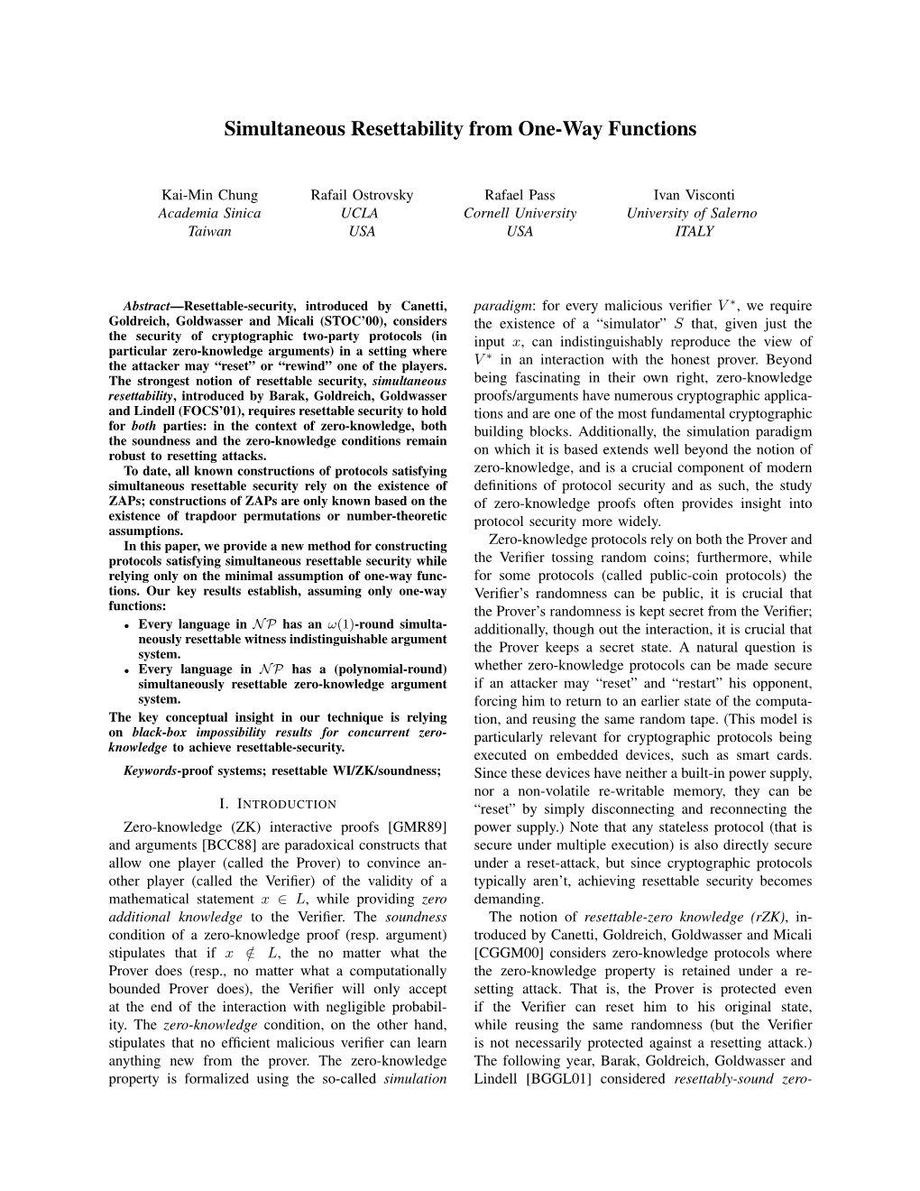 Simultaneous Resettability from One-Way Functions